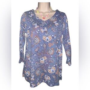 J. Jill Floral V-Neck Floral Art Blue and Orange 3/4 Sleeve 100% Pima cotton